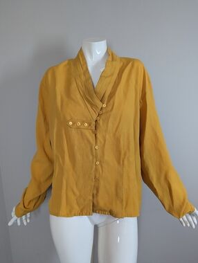 Vero Moda Mustard Blouse L Vintage Style Draped Button Front Long Sleeve Top